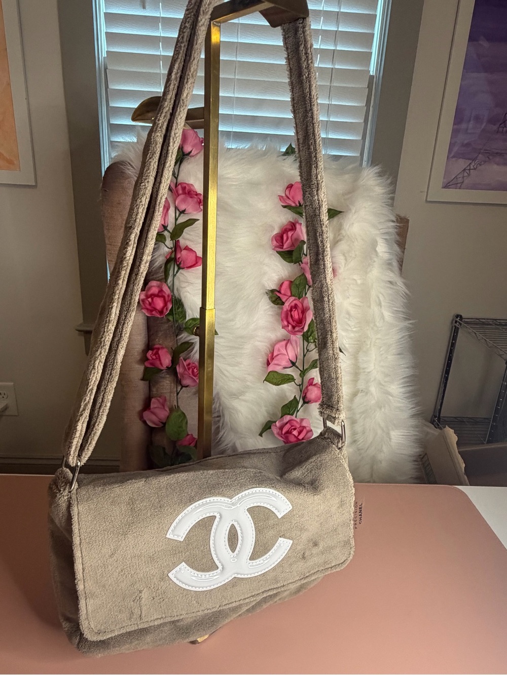CHANEL Tan Terry Fluffy Cloth Shoulder Bag UNUSED